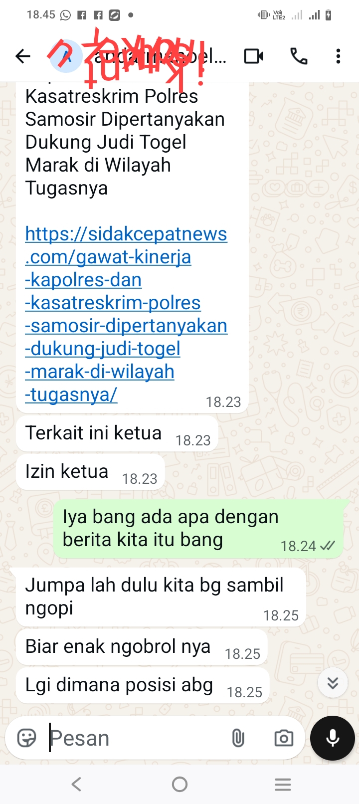 Teks Photo Bukti Komunikasi Tim media dengan Oknum Bandar Diduga Kuat Suruhan Kasat reskrim